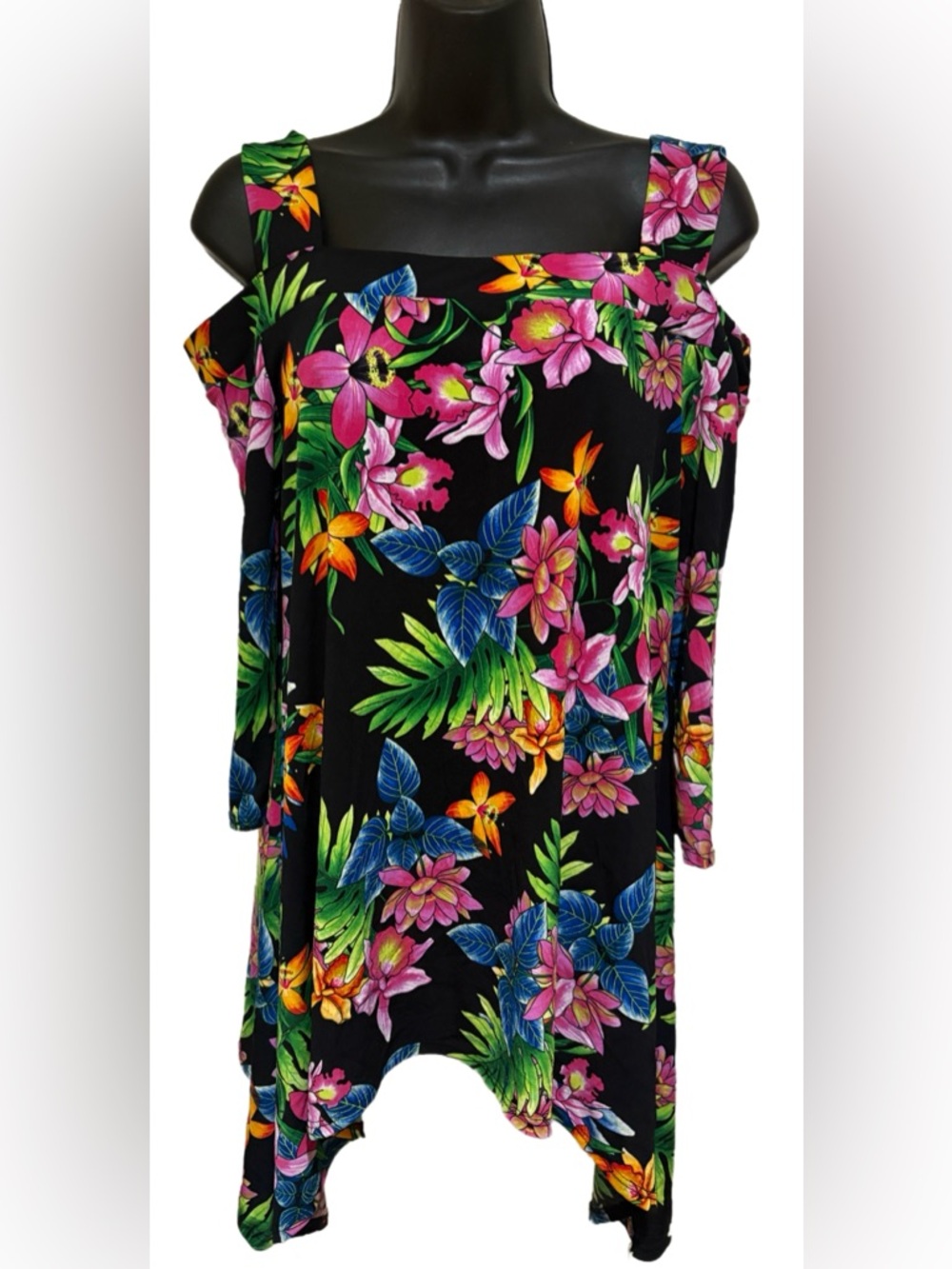 Tropical Floral Cold-Shoulder Tunic - Black with Pink & Green❤️Like New